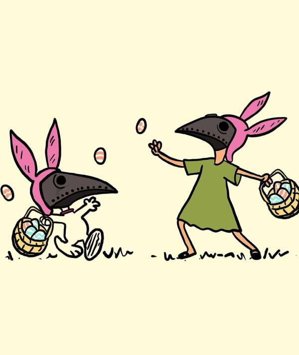Illustration of two figures with plague doctor masks and bunny ears, one running with a basket, the other throwing eggs, on a yellow background.