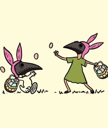 Illustration of two figures with plague doctor masks and bunny ears, one running with a basket, the other throwing eggs, on a yellow background.