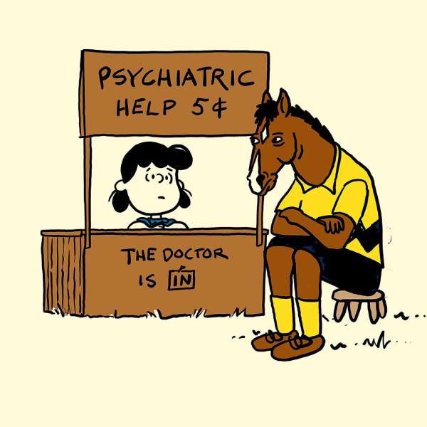 Cartoon image: A brown horse sits with Lucy's psychiatric booth, offering 5-cent help; a comedic crossover between Peanuts and BoJack Horseman.
