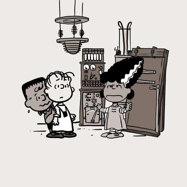 Cartoon illustration features Charlie Brown characters dressed as classic Halloween monsters in a laboratory-style setting with vintage equipment.