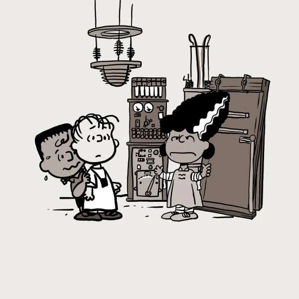 Cartoon illustration features Charlie Brown characters dressed as classic Halloween monsters in a laboratory-style setting with vintage equipment.