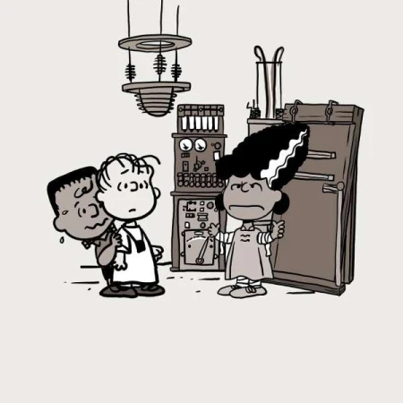 Cartoon illustration features Charlie Brown characters dressed as classic Halloween monsters in a laboratory-style setting with vintage equipment.