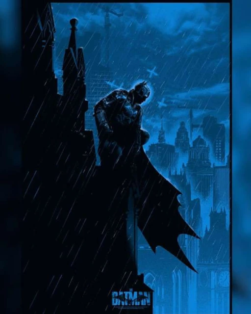 Illustration of Batman perched on a gothic rooftop in the rain, with a dark blue color palette and stylized cityscape background.