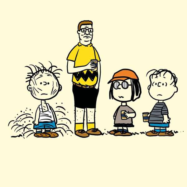 A cartoon illustration featuring Hank Hill from King of the Hill alongside Charlie Brown characters standing and holding coffee cups.