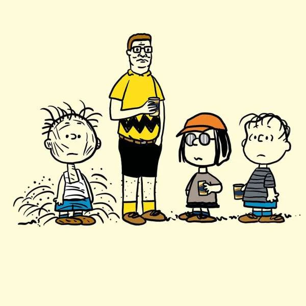 A cartoon illustration featuring Hank Hill from King of the Hill alongside Charlie Brown characters standing and holding coffee cups.