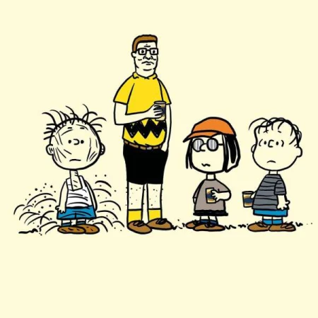 A cartoon illustration featuring Hank Hill from King of the Hill alongside Charlie Brown characters standing and holding coffee cups.