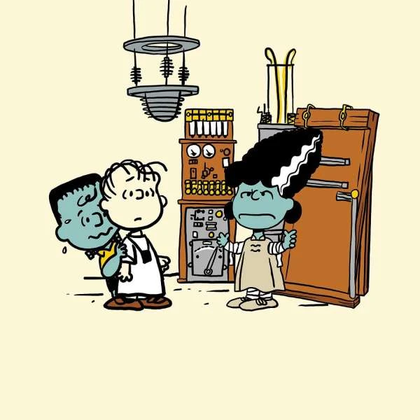 Cartoon illustration of Frankenstein's monster, a boy crying behind another, and a Frankenstein-like female character with machines.