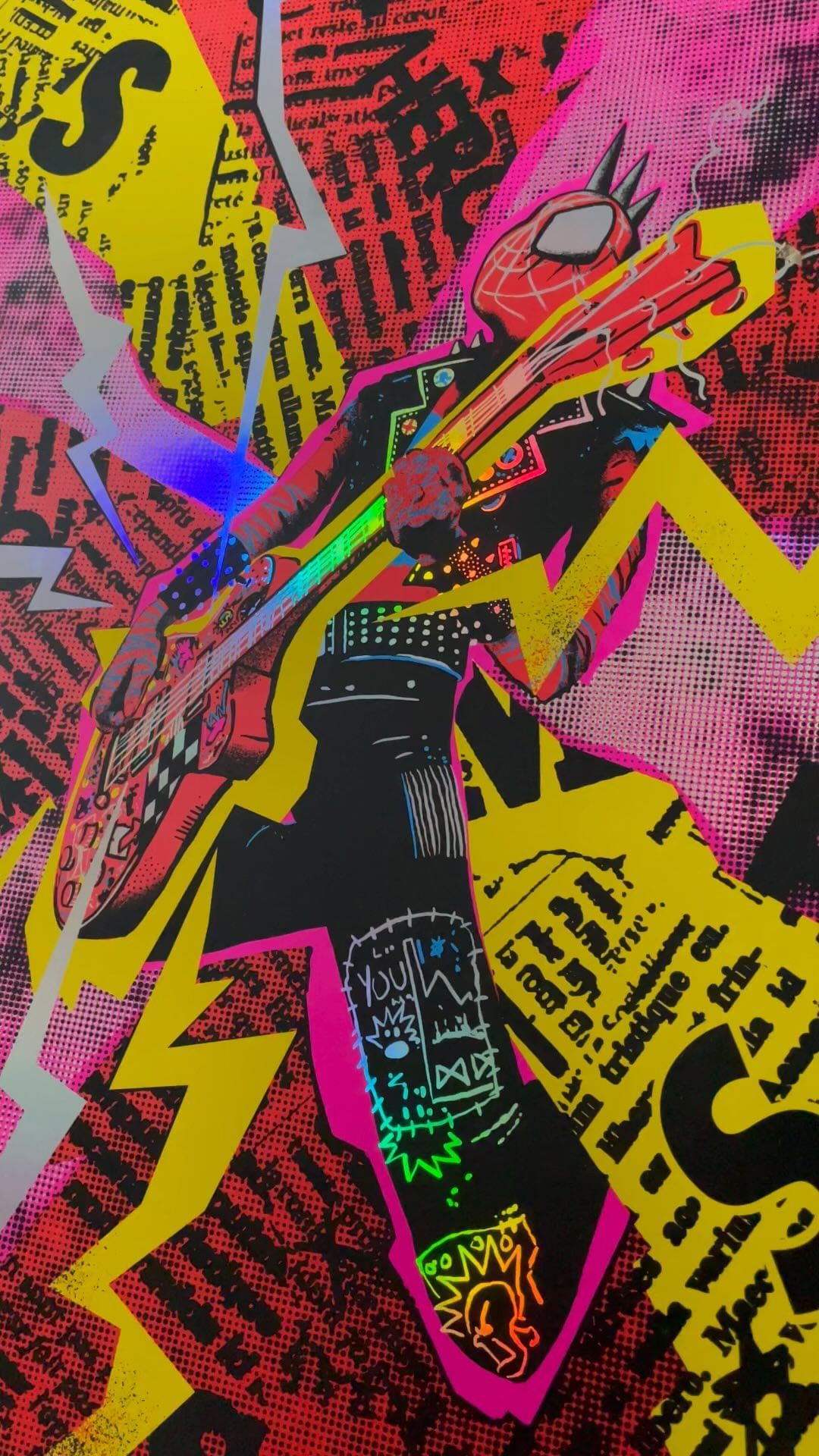 Illustration of Spider-Man as a punk rock musician playing electric guitar against a backdrop of distressed newspaper clippings and lightning bolts.