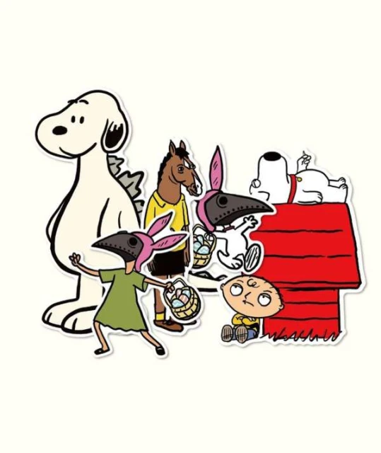 Cartoon character mashup featuring Snoopy, Charlie Brown character, Bojack Horseman, and Stewie, with plague doctor and bunny ear hats.
