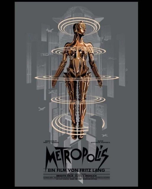 Illustration of the 1927 science-fiction film, Metropolis, featuring a gold robot-like woman standing in front of tall buildings.
