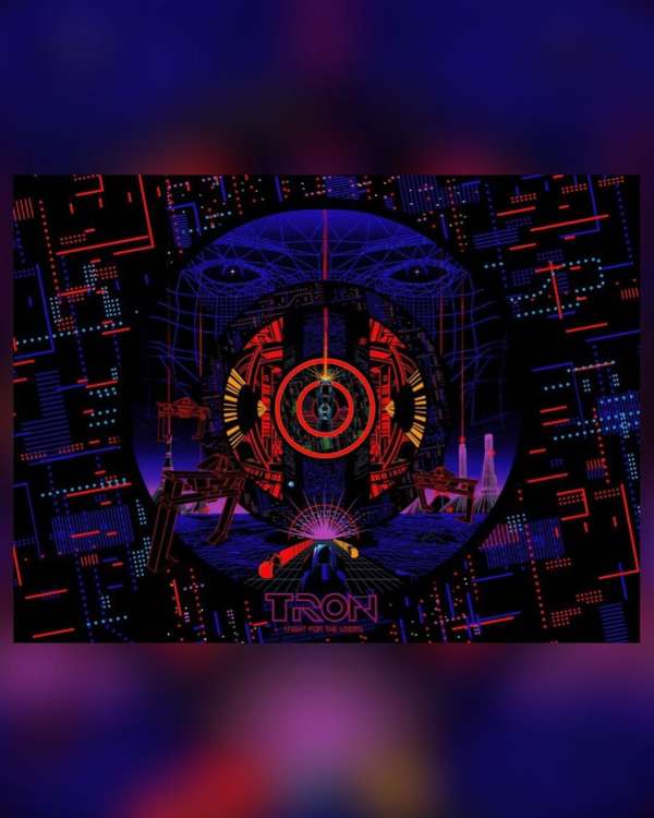 Retro poster art of the sci-fi film 'Tron' featuring neon colors, electronic circuitry, and a futuristic depiction of a digital world.