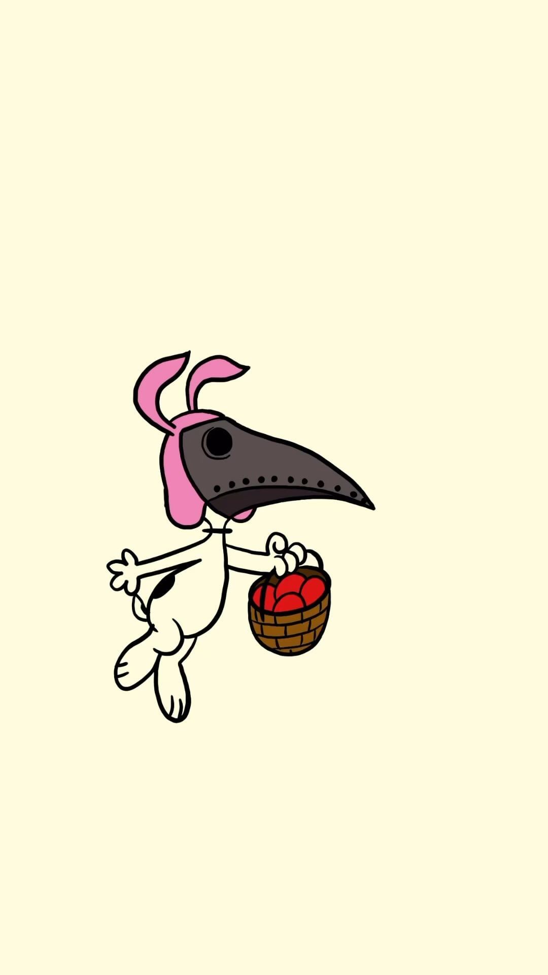 Cartoon illustration of a white rabbit wearing a plague doctor mask and bunny ears, holding a basket of red eggs against a cream background.