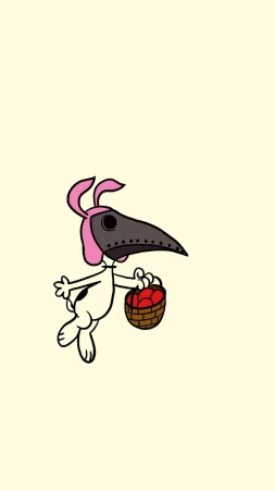 Cartoon illustration of a white rabbit wearing a plague doctor mask and bunny ears, holding a basket of red eggs against a cream background.