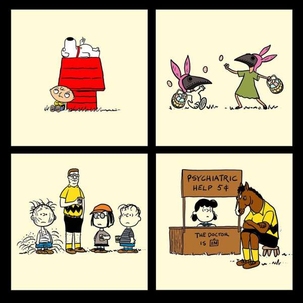 Cartoon mashup featuring characters from various shows in distinct panels on a pale background, showcasing different art styles.
