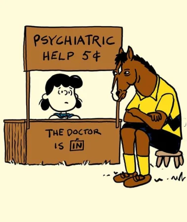 Illustration featuring Lucy Van Pelt's psychiatric help stand with BoJack Horseman, combining Peanuts and BoJack universes in a humorous cartoon.