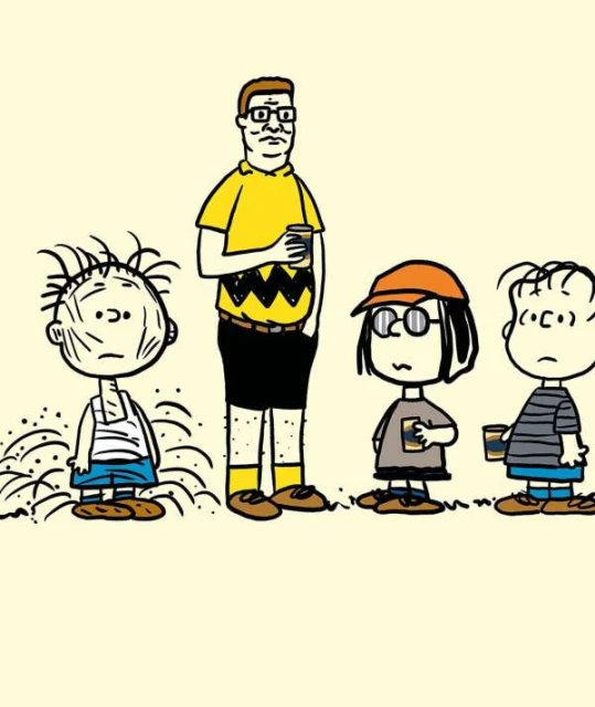 Illustration of five cartoon characters reminiscent of Peanuts, including one similar to Hank Hill from King of the Hill.