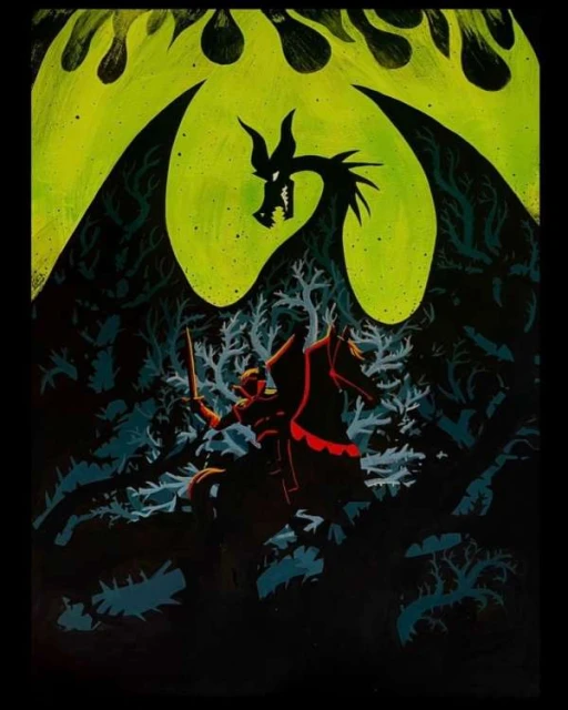 Dramatic illustration of a knight on horseback facing a dragon against a green and black background with stylized forest elements.