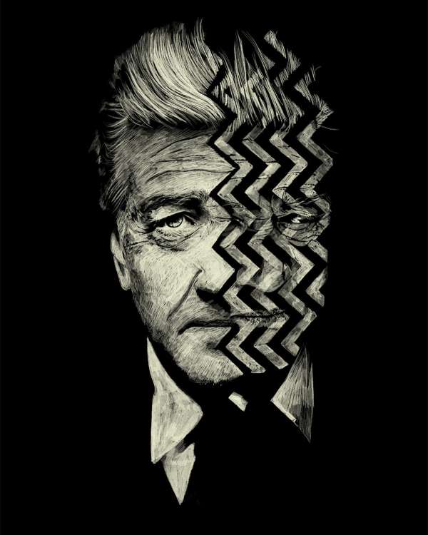 Illustration of an adult male portrait with geometric pattern overlay, set against a stark black background in a dramatic black and white style.