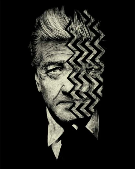 Illustration of an adult male portrait with geometric pattern overlay, set against a stark black background in a dramatic black and white style.