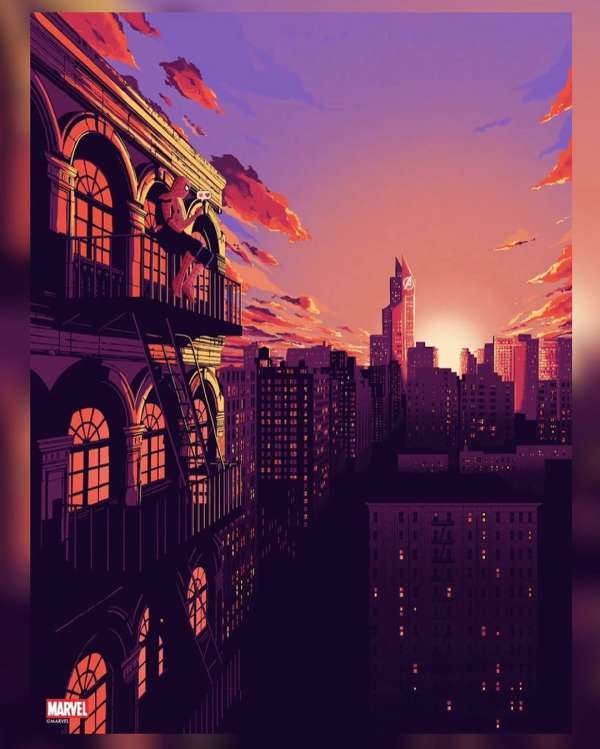 Illustration of a person standing on a balcony overlooking a city skyline at sunset, rendered in shades of purple and orange.