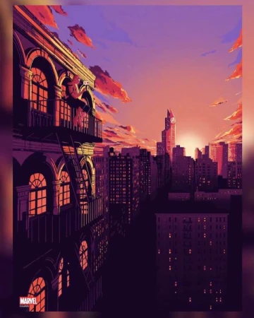 Illustration of a person standing on a balcony overlooking a city skyline at sunset, rendered in shades of purple and orange.