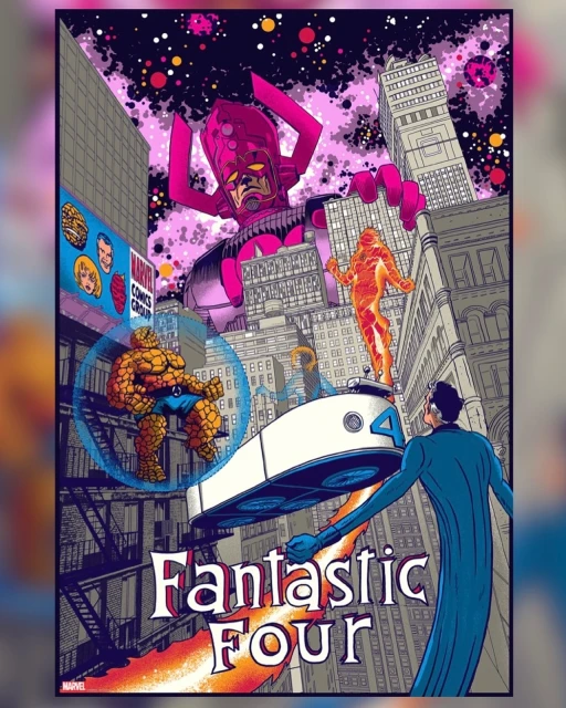 Illustration with comic book aesthetic featuring the Fantastic Four in a city landscape with Galactus looming above buildings.