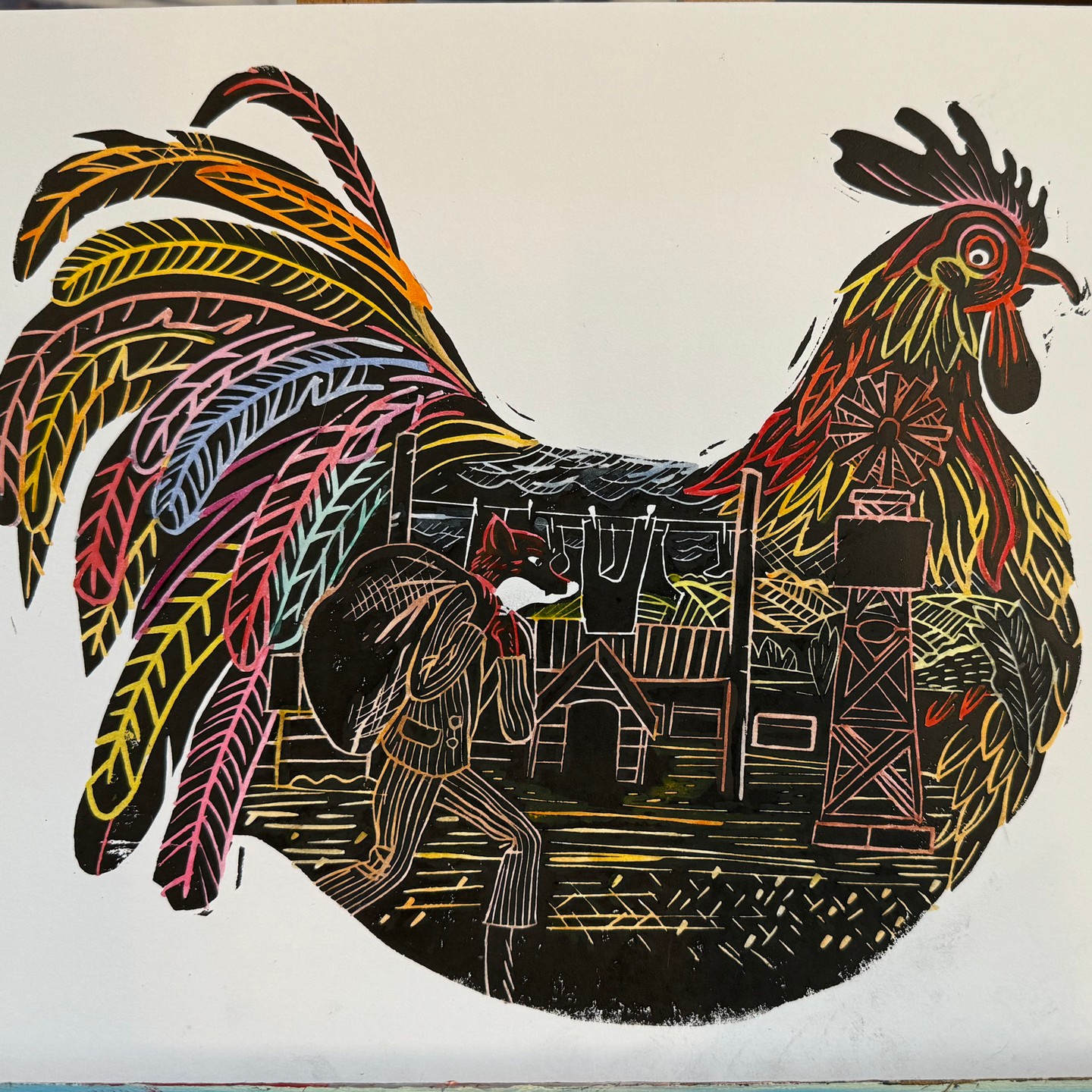 Linocut art print featuring a fox in human clothing carrying a sack within the shape of a rooster, rural background.