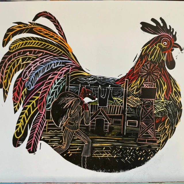 Linocut art print featuring a fox in human clothing carrying a sack within the shape of a rooster, rural background.