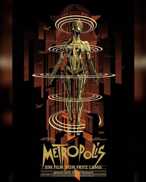 Movie poster art for Metropolis featuring a metallic female figure surrounded by glowing rings, set against a city backdrop.