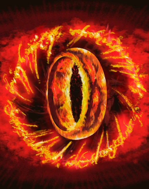 Digital painting of an eye with a fiery iris and swirling red and orange flames surrounding it, set against a dark background.