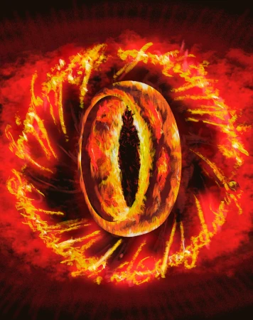Digital painting of an eye with a fiery iris and swirling red and orange flames surrounding it, set against a dark background.