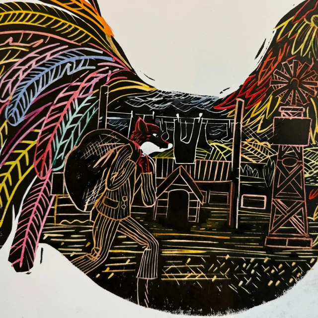 Whimsical scratchboard art illustration of a fox in a striped suit carrying a sack through a rural landscape with a windmill.