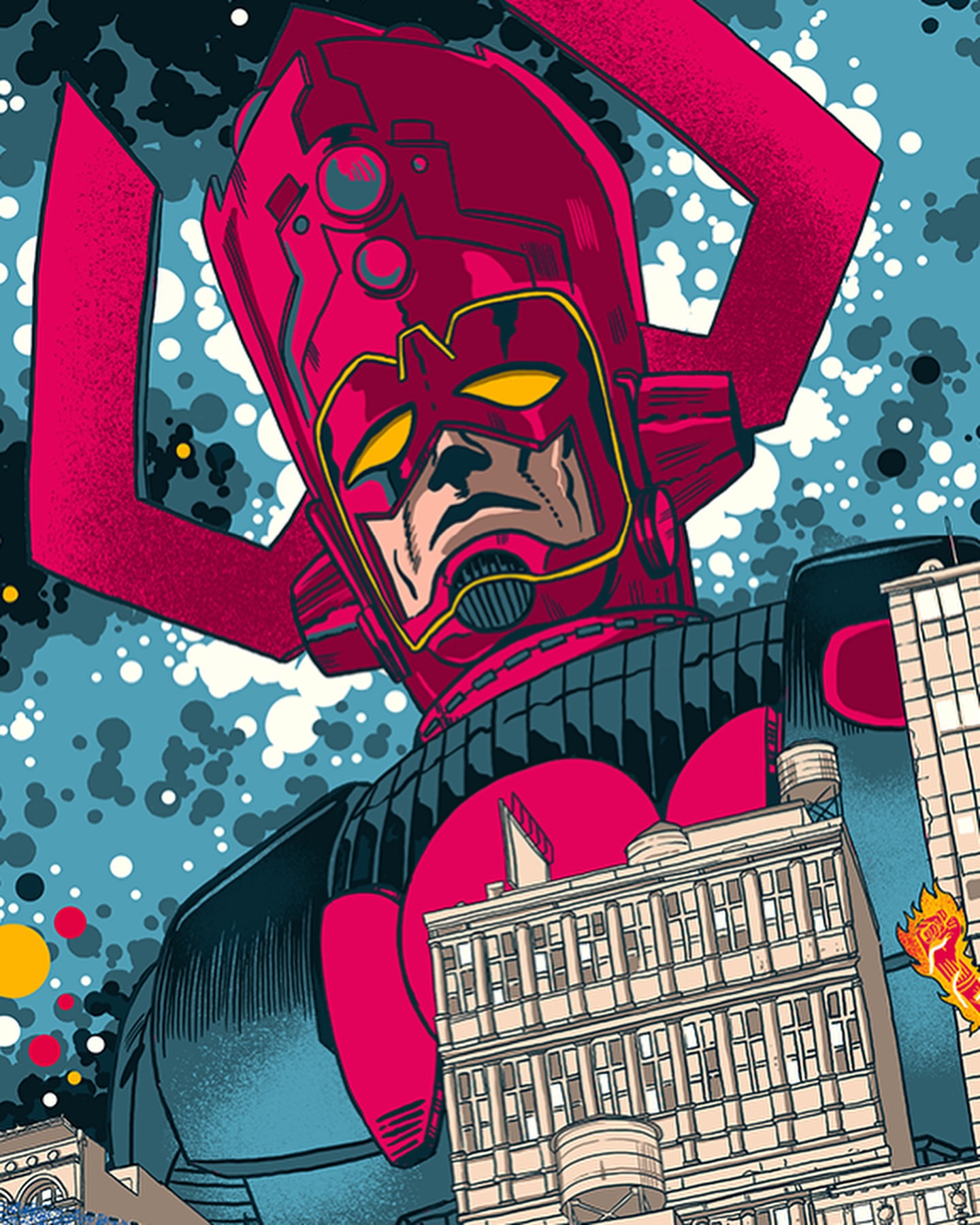 Illustration of a giant robot in a cityscape, featuring a red and pink color scheme with buildings and a cosmic background.