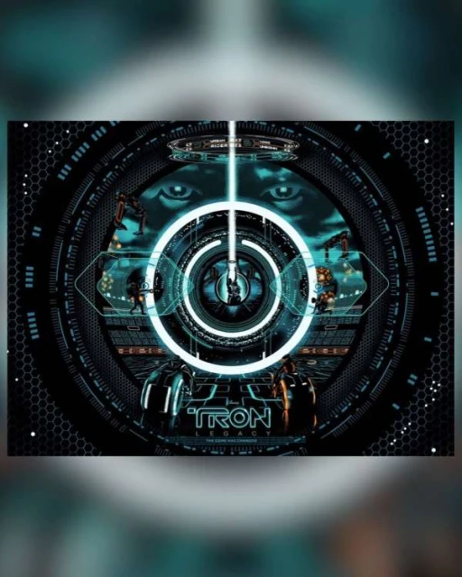 Digitally created graphic featuring elements of Tron Legacy movie, including a central light beam, digital characters, and the movie logo.