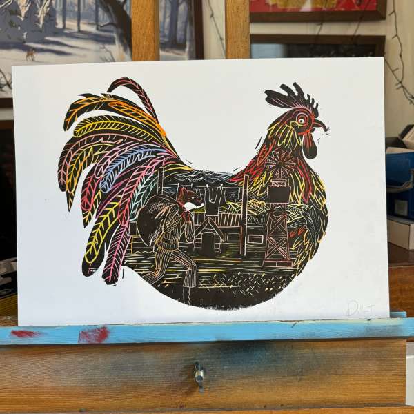 Colorful linocut print of a rooster with detailed imagery of a fox carrying a sack, village structures, and a tower within its body.