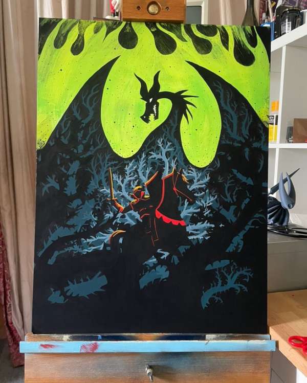 Painting of a knight on horseback confronting a dragon in a dark forest with green mist or light above, vibrant colours.