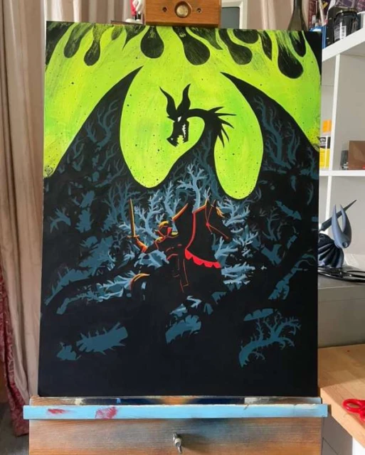 Painting of a knight on horseback confronting a dragon in a dark forest with green mist or light above, vibrant colours.