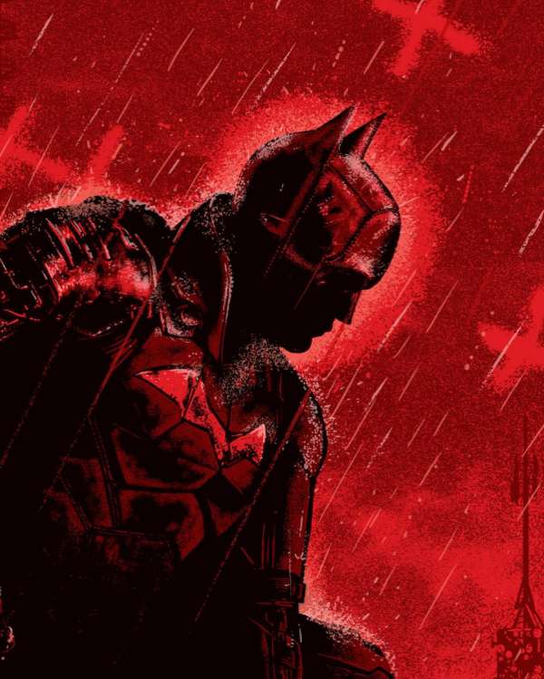 Dark, stylized poster art depicting a silhouetted costumed man against a vivid red backdrop, featuring a rain-like pattern and sharp shadows.