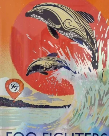 Illustration of two dolphins jumping out of the water in front of a rising sun, and a hot air balloon in the background.