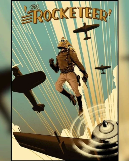 Retro illustration of the Rocketeer character in flight, with vintage airplanes and stylized light trails against a blue sky background.