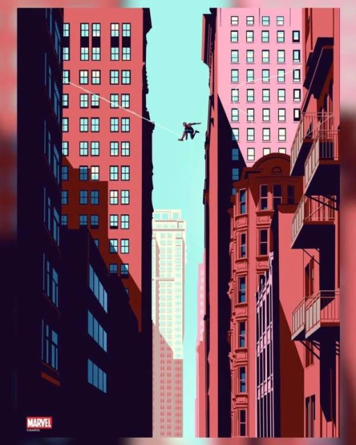 Illustration of a figure leaping between tall buildings in a city, with a superhero aesthetic in a comic book style, featuring vibrant colors.
