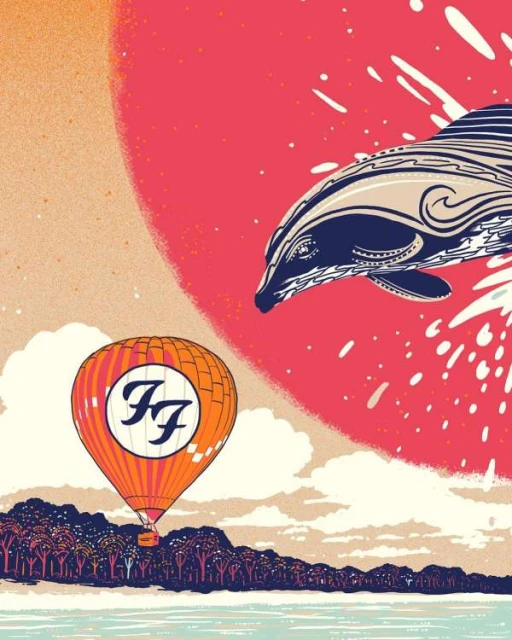 Artistic image of a hot air balloon featuring 'FF' logo ascends above a treeline, with a dolphin graphic and a pink sun in the sky.