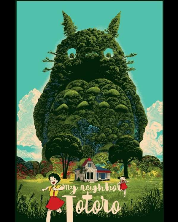 Illustration of a lush green landscape with a house, trees, and two young girls running, with large tree-like forest spirit in the background.