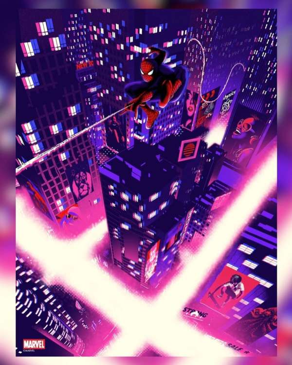Illustrated Spiderman swinging across an urban cityscape at night in a comic book style. Illustration features high-rise buildings and bright lights.