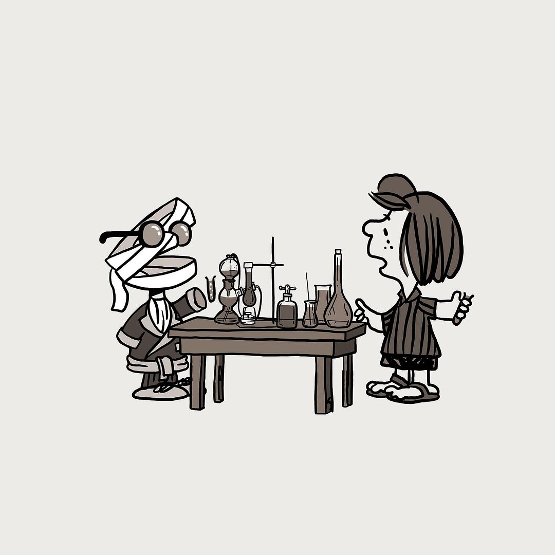 Animated scene of a bandaged mummy figure and a girl with short hair standing at a table covered in laboratory glassware.