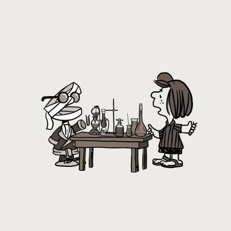Animated scene of a bandaged mummy figure and a girl with short hair standing at a table covered in laboratory glassware.