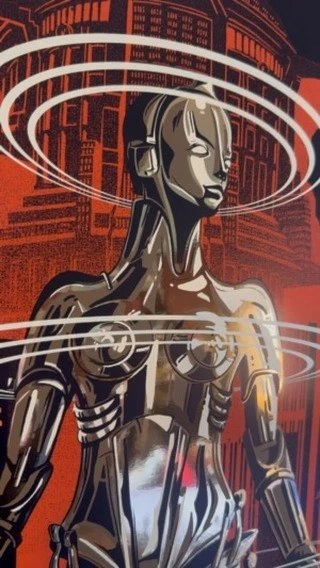 Illustration of a metallic humanoid figure against an orange and red architectural backdrop, featuring a building and concentric rings.
