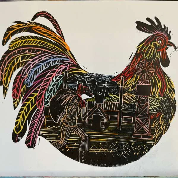 Unique scratchboard art featuring a rooster silhouette with a fox in clothing carrying a sack set against a farm background.