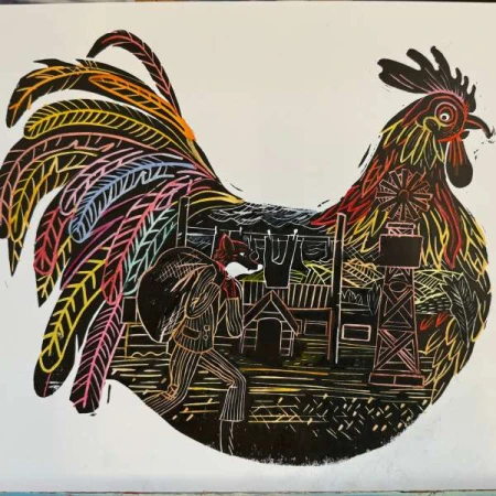 Unique scratchboard art featuring a rooster silhouette with a fox in clothing carrying a sack set against a farm background.