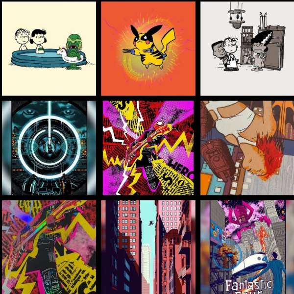 A collage of comic book and cartoon images, featuring characters like Pikachu, Snoopy, and characters from Fantastic Four.